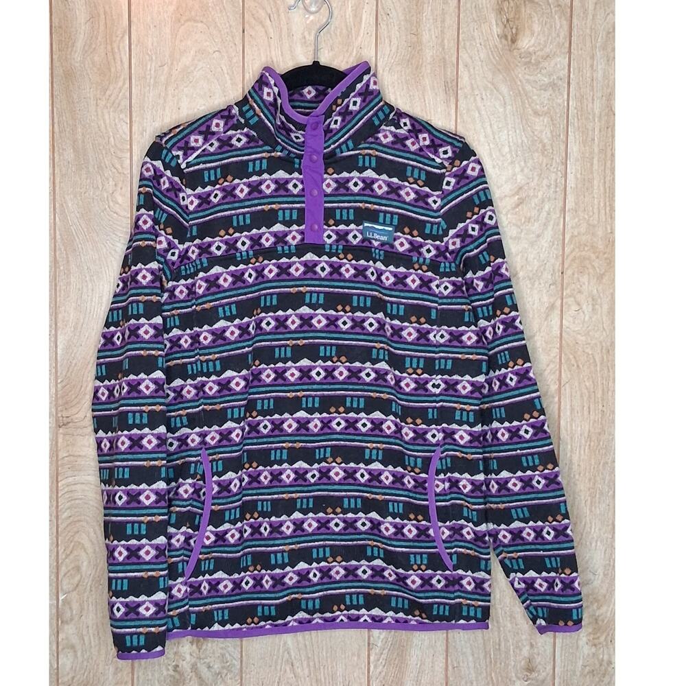 LL Bean Mountain Classic Sweater Fleece Pullover Snap Neck Purple Black M
